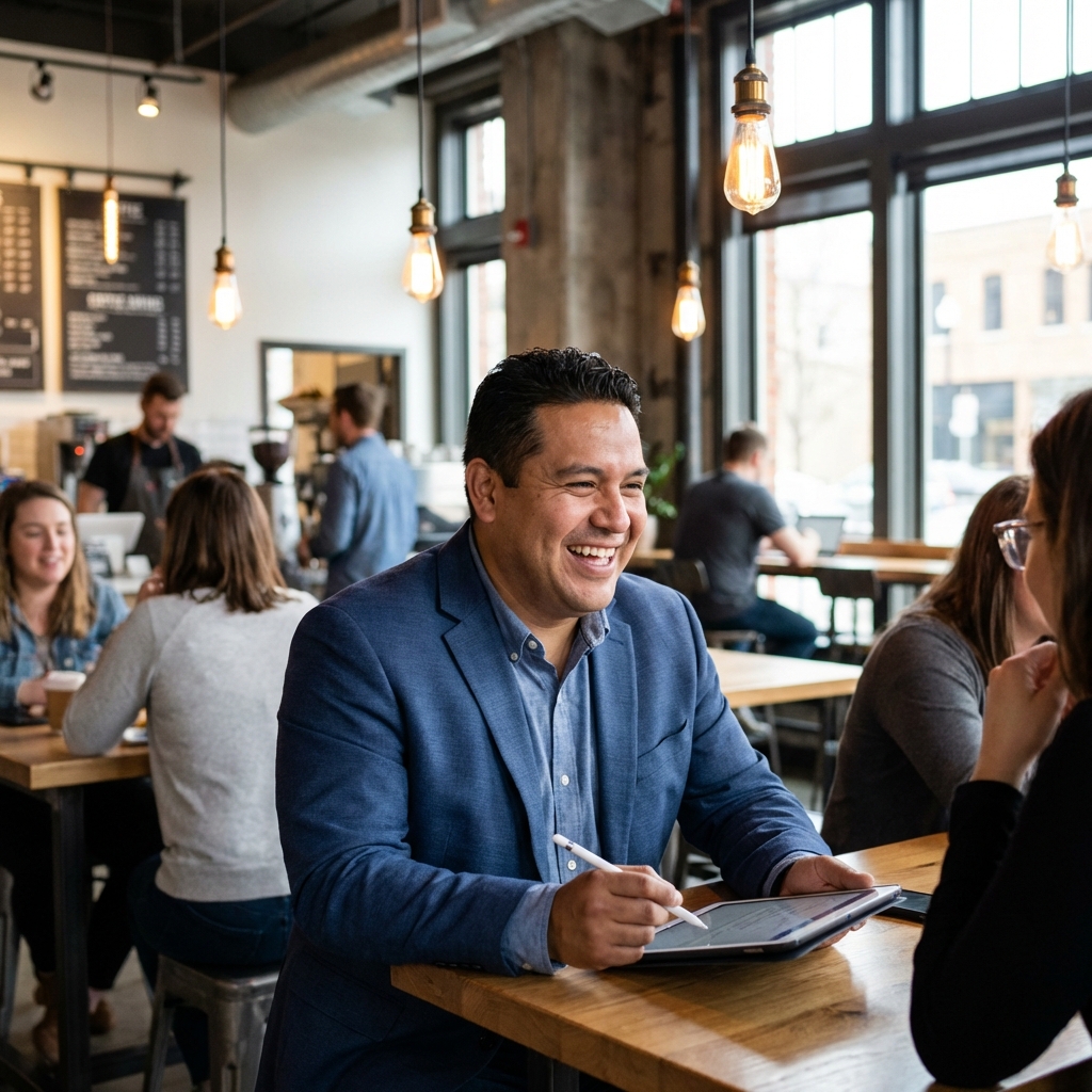 Especialista en marketing digital trabajando con tablet